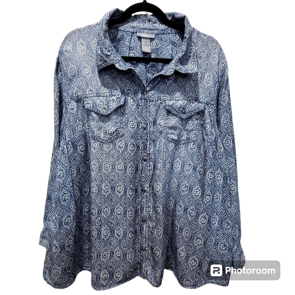 Catherine's 1X 100% Lyocell Geometric Blue White Button Up Shacket Boho Office - Picture 1 of 8